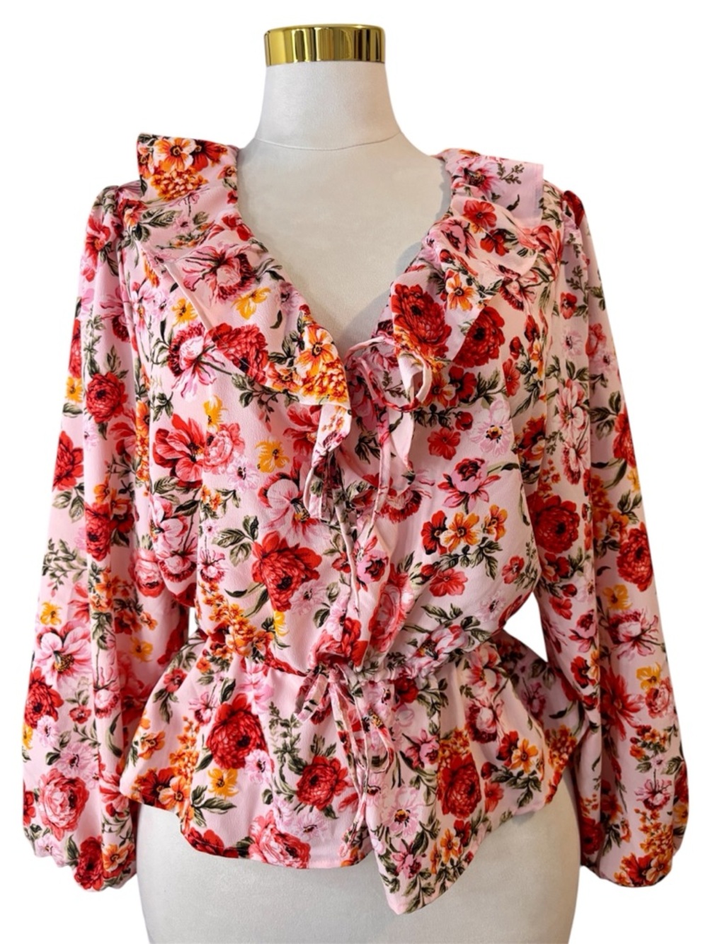 Old Navy Pink Floral Ruffle Peplum Blouse XL Waist-Defined Long Sleeve Boho Top